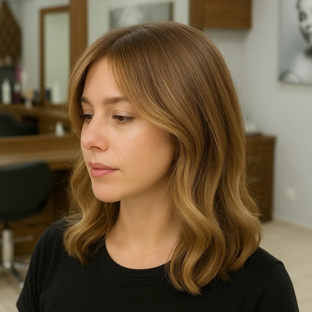 Kareli kahverengi saçlı kadın, saç modeli ve rengi üzerinde çalışıyor, kuaför salonunda.