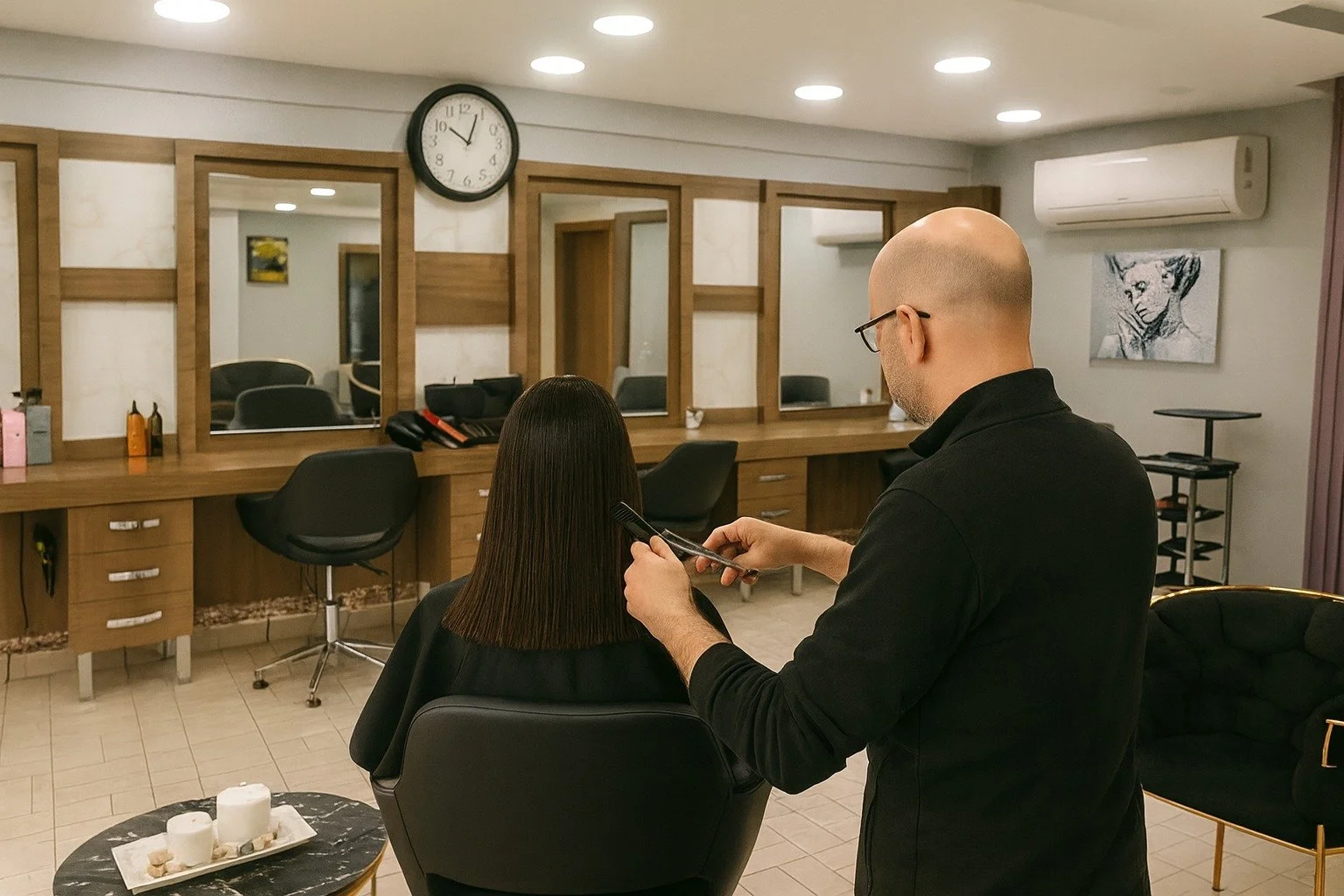 Güzellik salonunda bir kuaför, müşterisinin saçını tarıyor, arka planda aynalar ve duvarda bir tablo var.