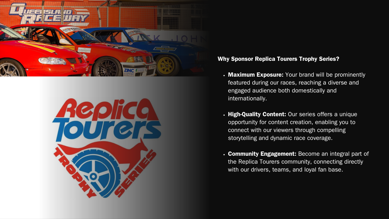 Image of race cars at a racetrack with a sign that reads Queensland Raceway, alongside promotional text for the Replica Tourers Trophy Series.