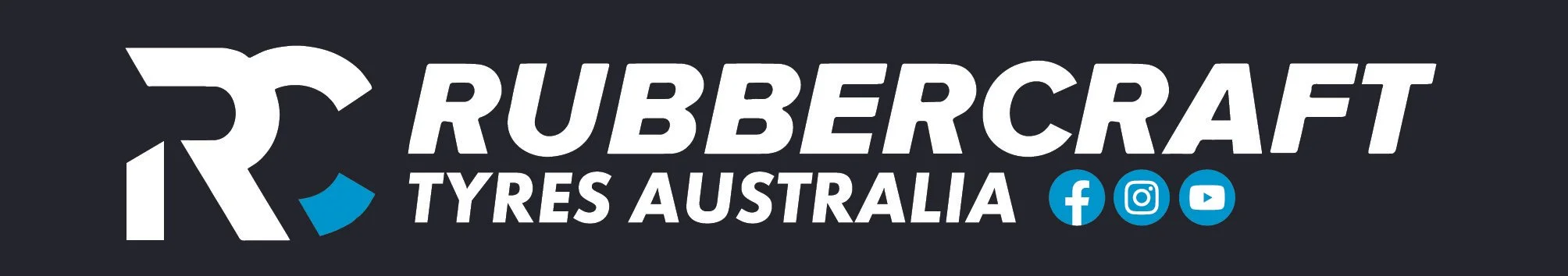 Rubbercraft Tyres Australia logo in black background with white text and social media icons