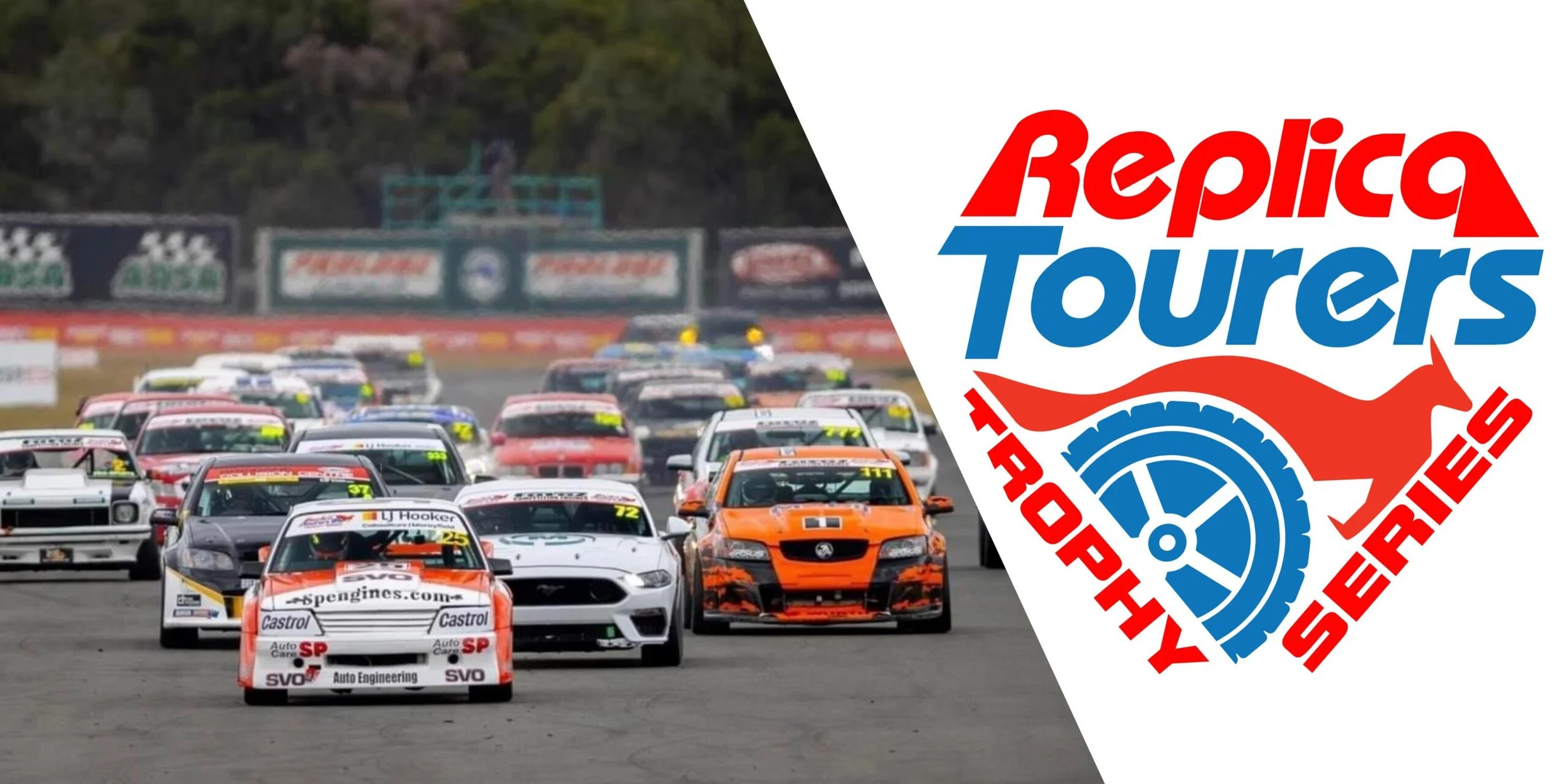 A race track filled with race cars during a motorsport event, alongside a logo for Replica Tourers Racing with a red and blue design featuring a stylized wheel and a racing track outline.