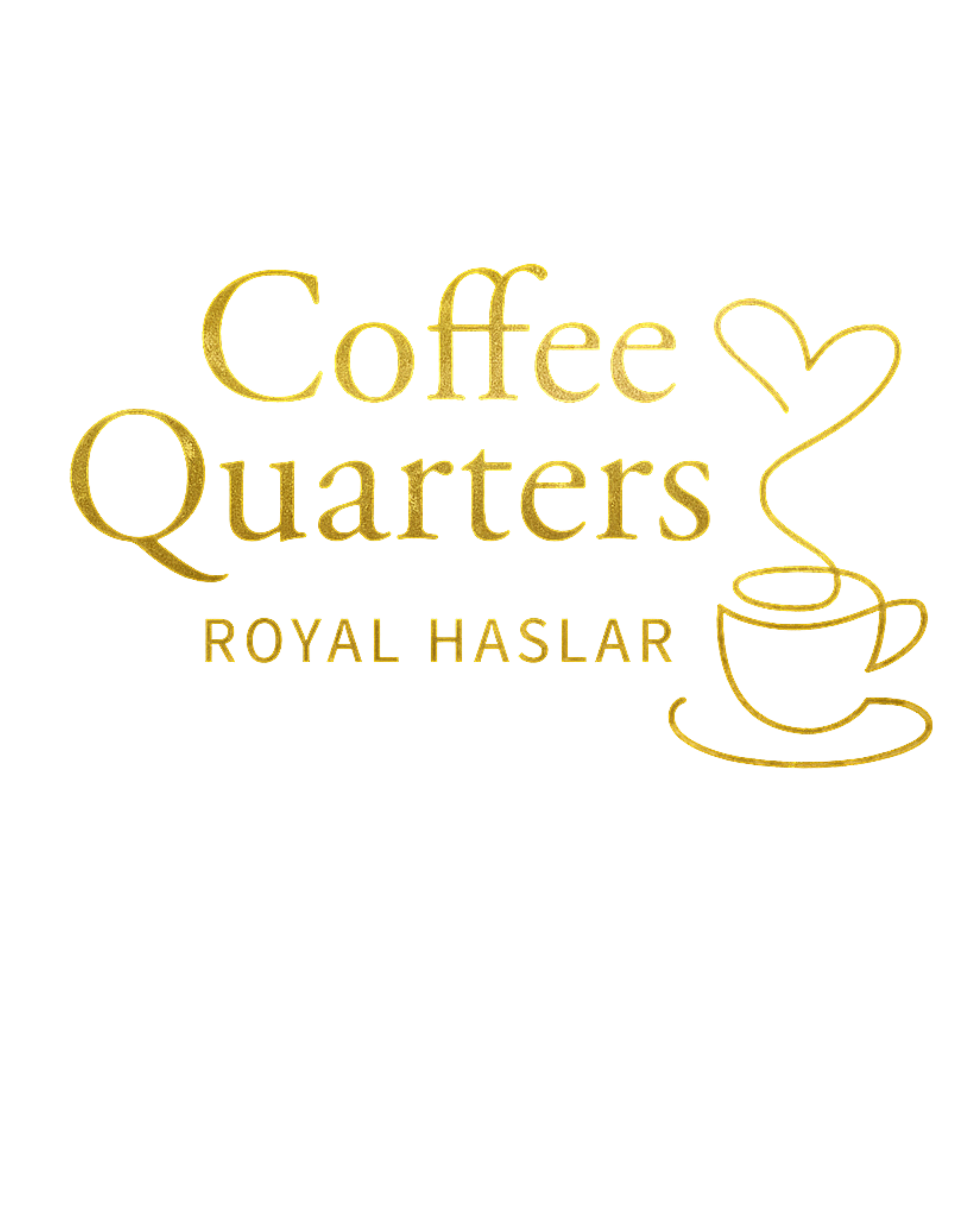 Gold illuminated sign reads 'Coffee Quarters' with a speech bubble shape around the text and a golden coffee cup icon at the bottom right.