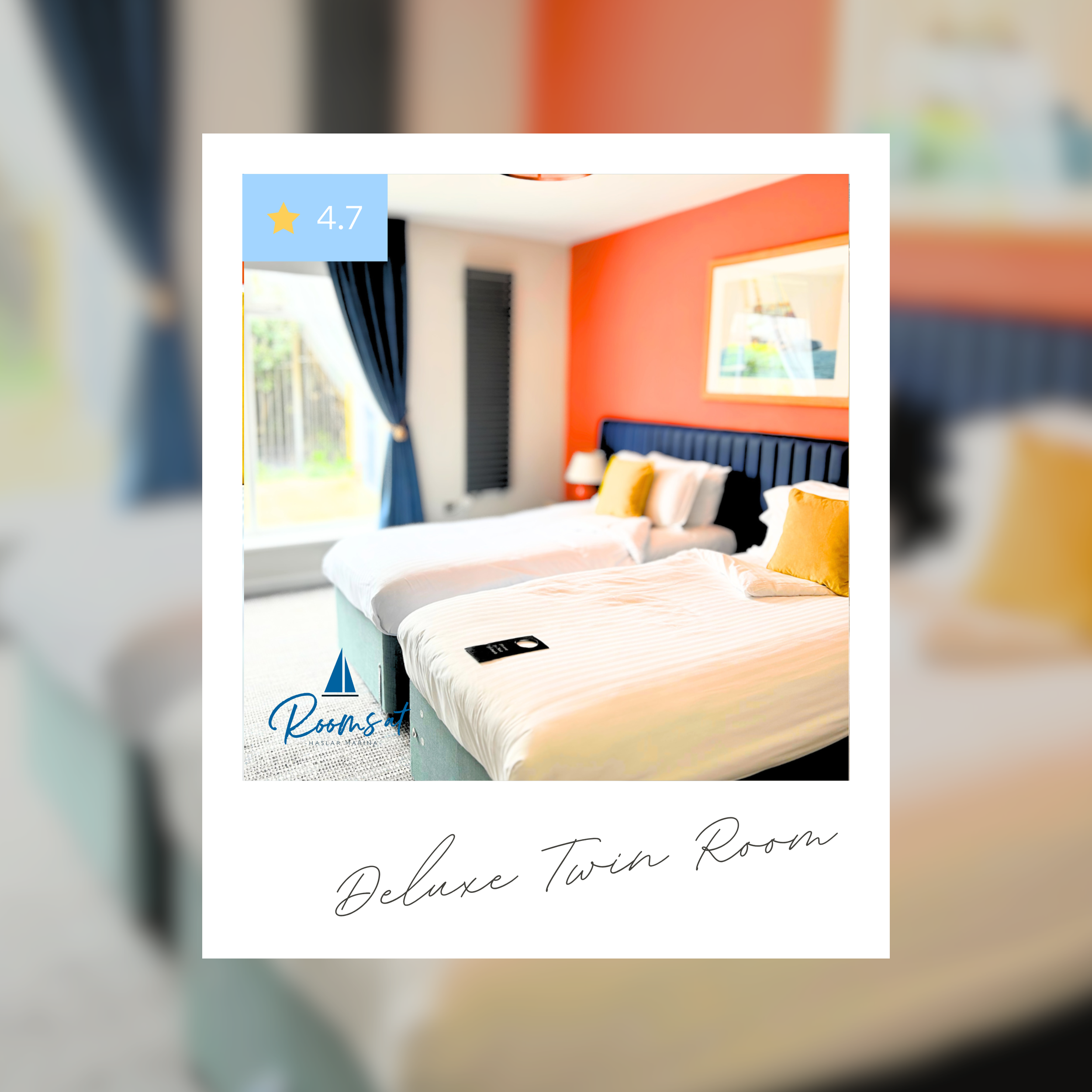 Blurred image of a hotel promotional flyer highlighting a twin room with a 4.7 star rating out of 5, featuring a bedroom with a large window, blue curtains, and a neatly made bed with white linens and mustard-colored pillows.