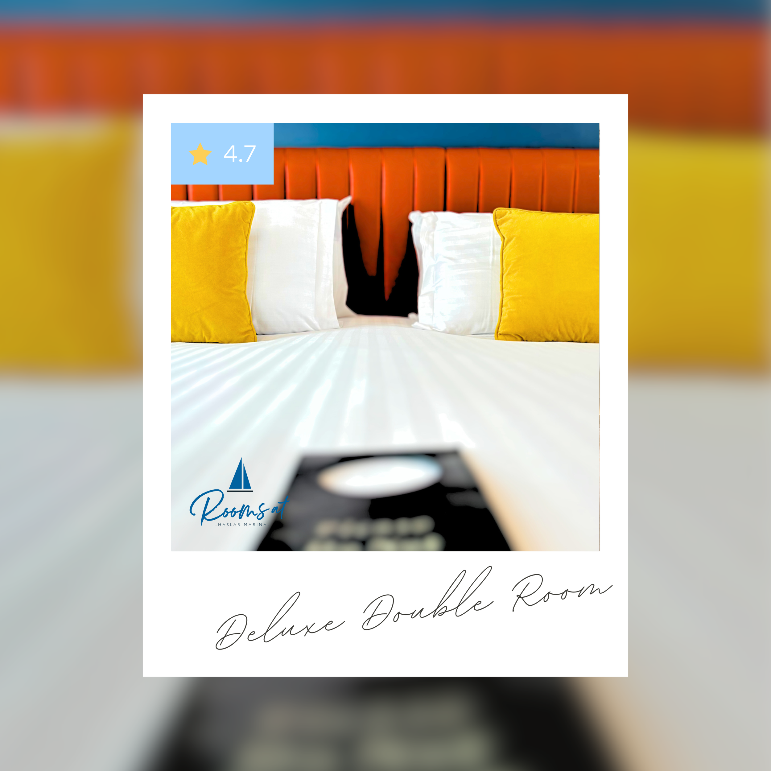 Image of a luxury room with an orange upholstered headboard, white and yellow pillows, and a wall with a decorative pattern, along with overlaid text indicating a 4.7 star rating and a logo that says "Rooms at Haslar Marina".