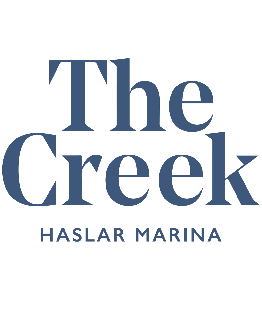 Logo for The Creek Haslar Marina with blue text on a black background.