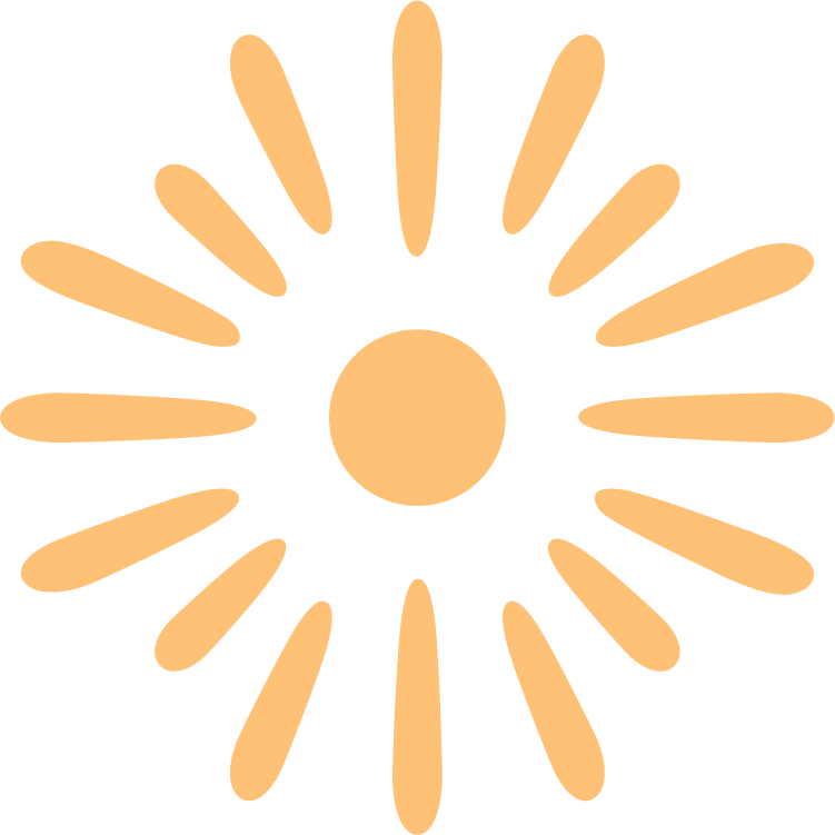 A minimalist illustration of a sun with a central circle and radiating elongated ovals.