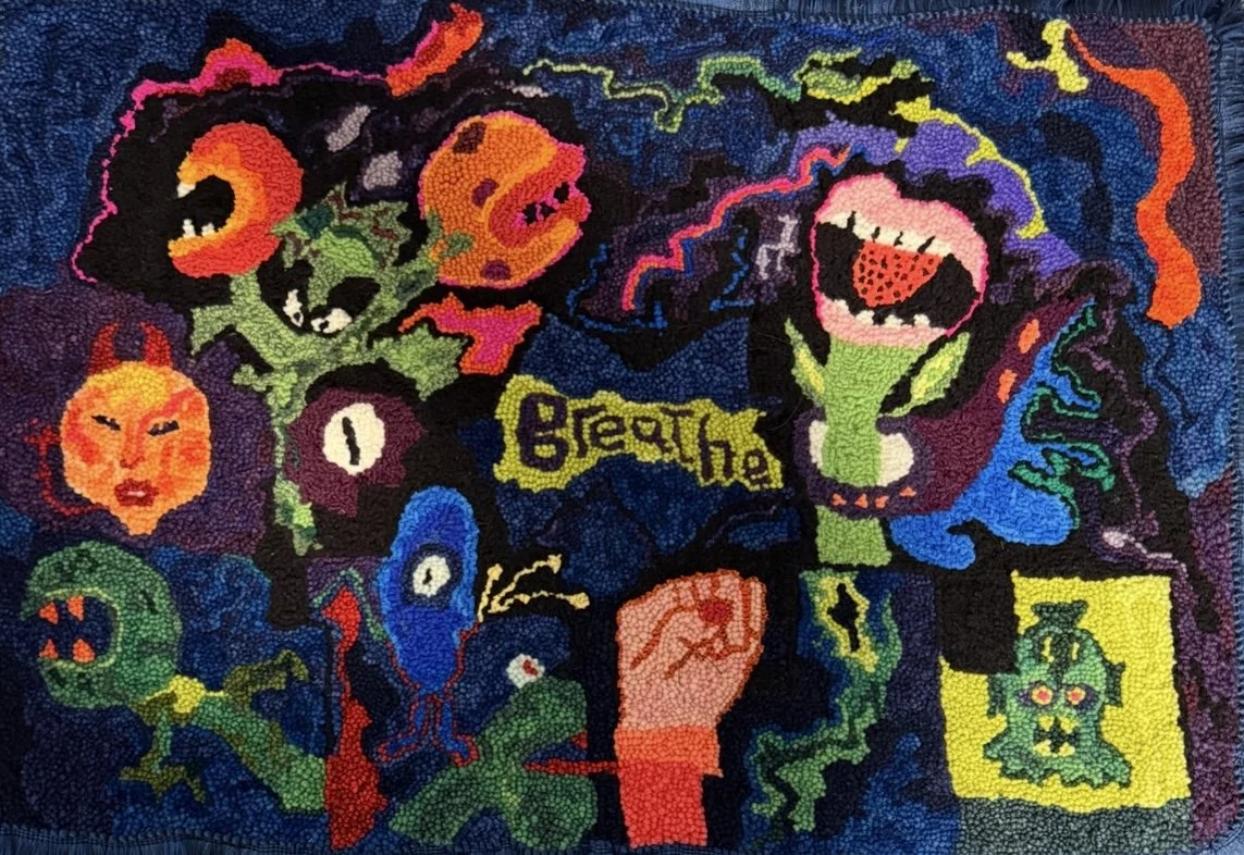 Colorful mosaic featuring cartoon-style characters, including a large green character with a strawberry-like mouth, a face with an angry expression, a small yellow character with red hair, a blue creature with a gazing eye, and various other abstract