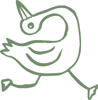 A cartoon illustration of a goose with it's head thrown back as it runs, drawn in a simple line art style.