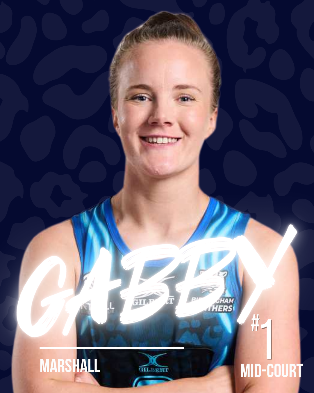 A netball player with the name Gabby in white neon writing, on a dark patterned background.