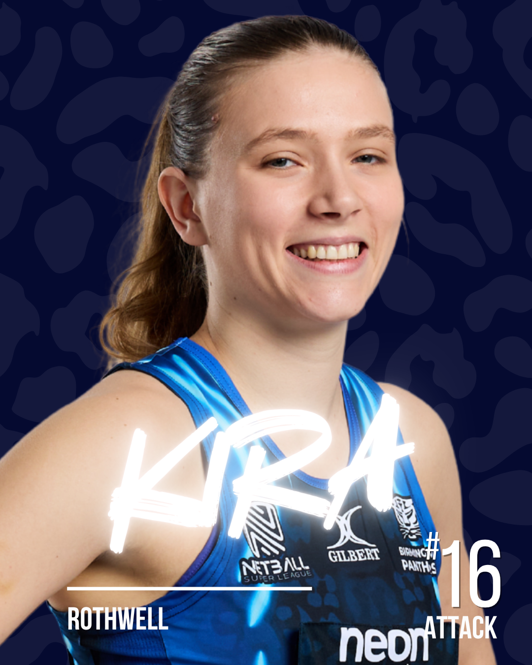 A netball player with the name Kira in white neon writing, on a dark patterned background.