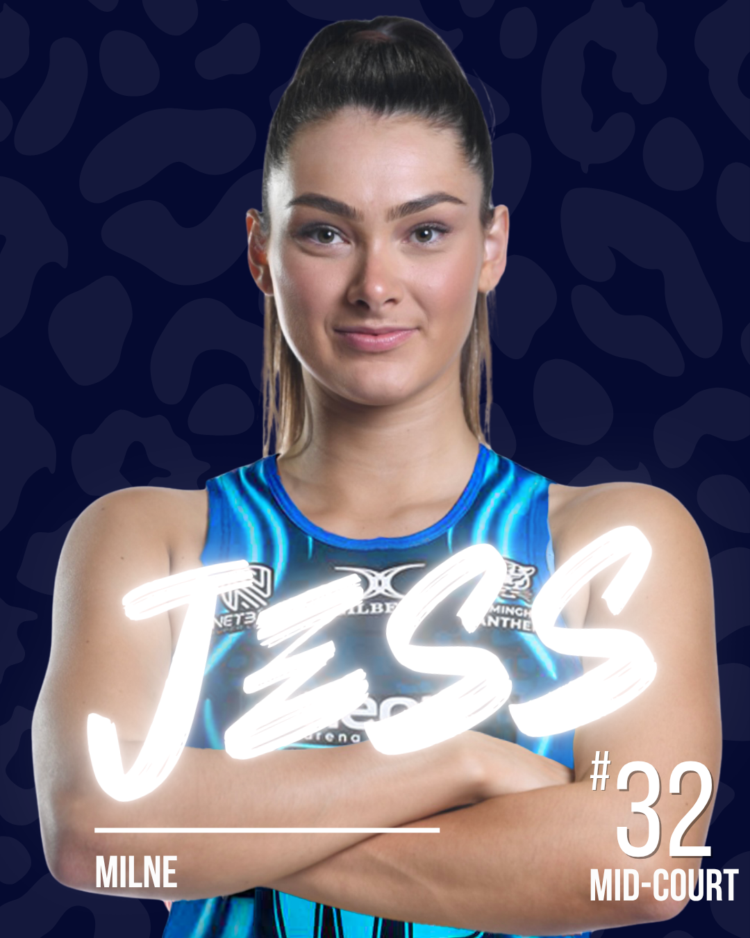 A neball player in a blue netball dress with her arms crossed, standing in front of a dark, patterned background, with her name, number 32, and position mid-court displayed on the image.