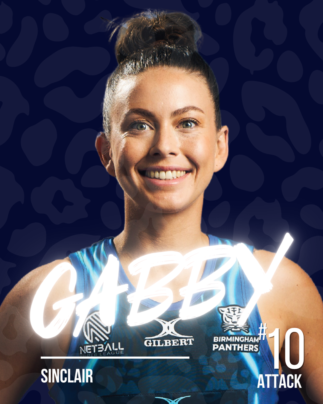 A netball player with the name Gabby in white neon writing, on a dark patterned background.