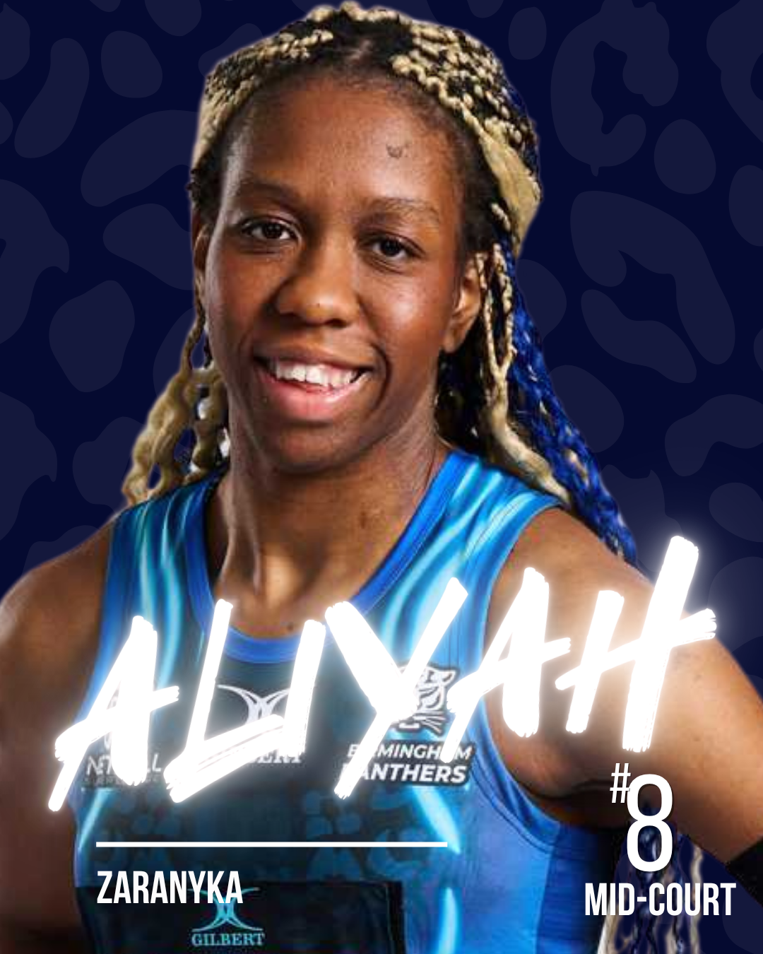 A netball player with the name Aliyah in white neon writing, on a dark patterned background.