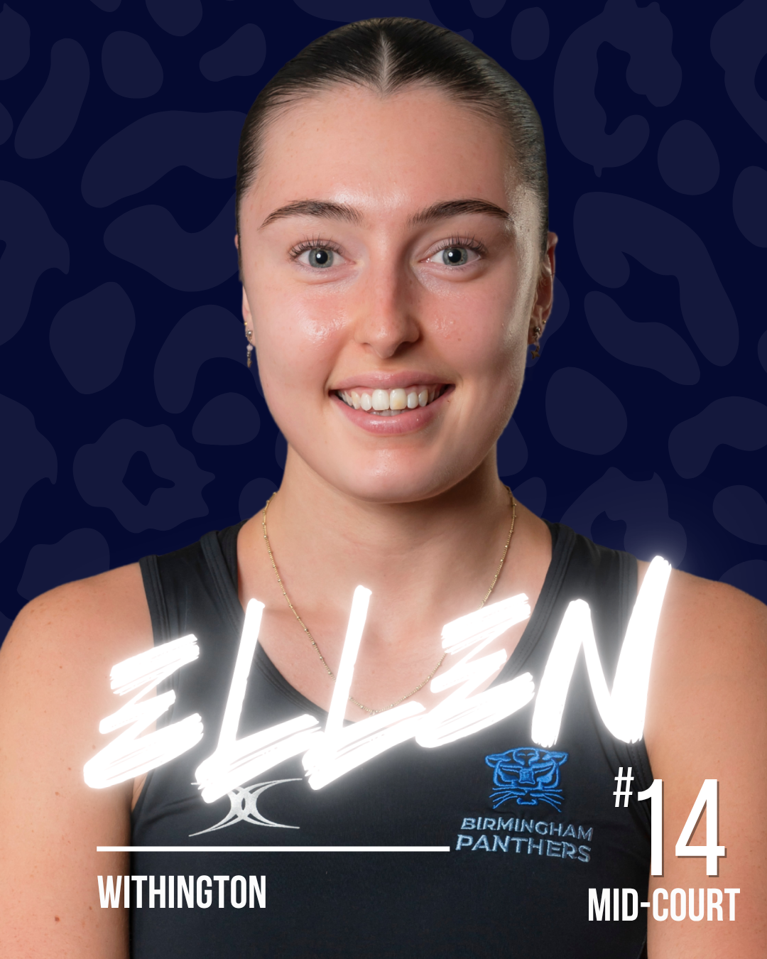 A netball player with the name Ellen in white neon writing, on a dark patterned background.