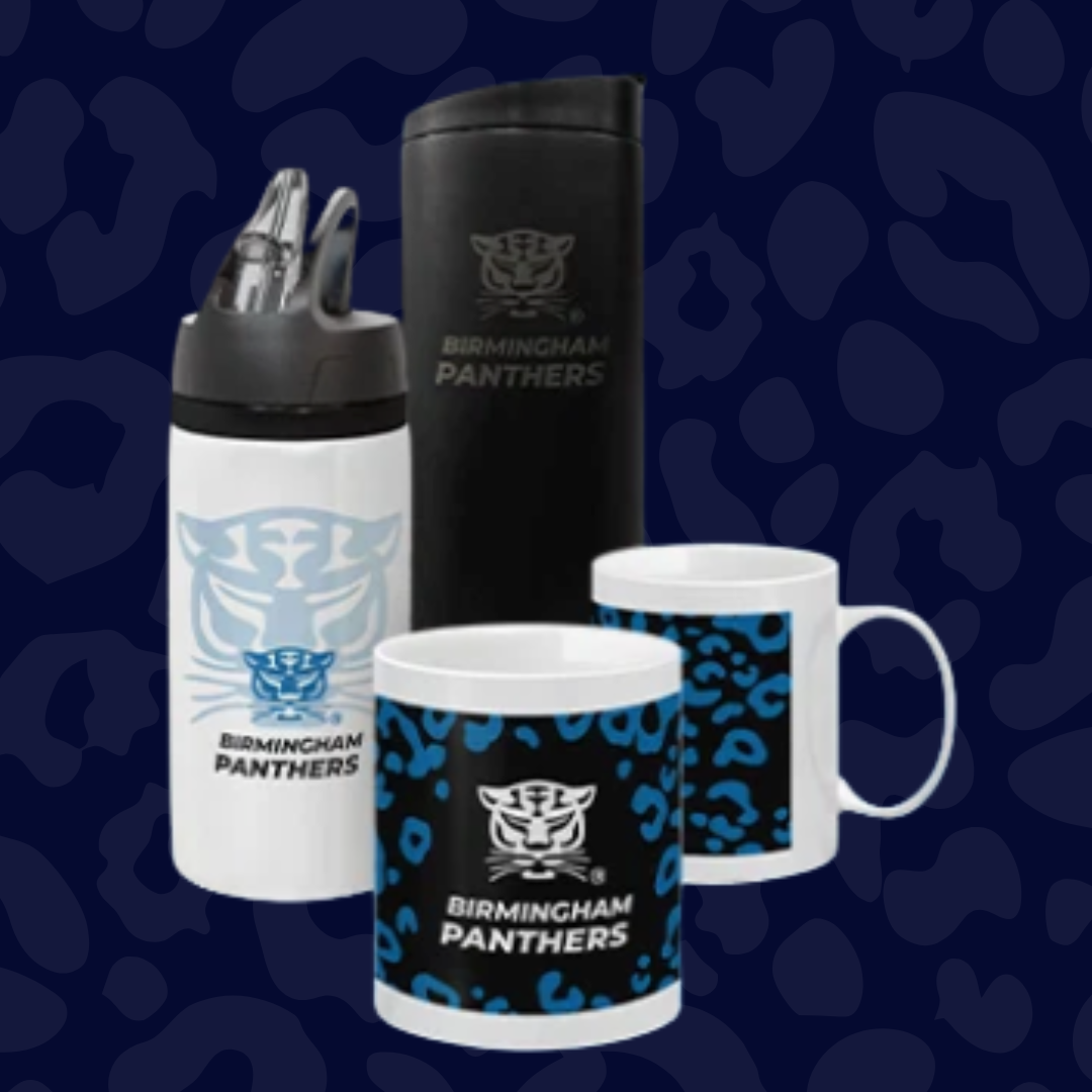 Birmingham Panthers merchandise set featuring a black thermos, white water bottle, and two patterned mugs