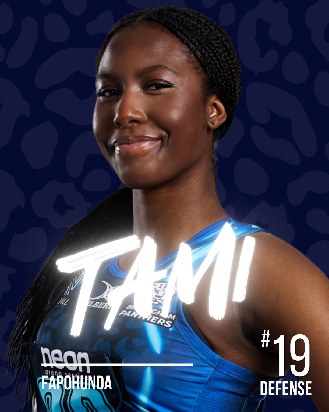 A netball player with the name Tami in white neon writing, on a dark patterned background.