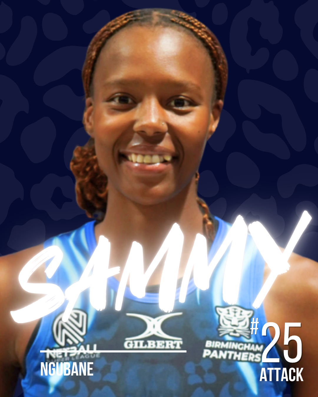 A netball player with the name Sammy in white neon writing, on a dark patterned background.
