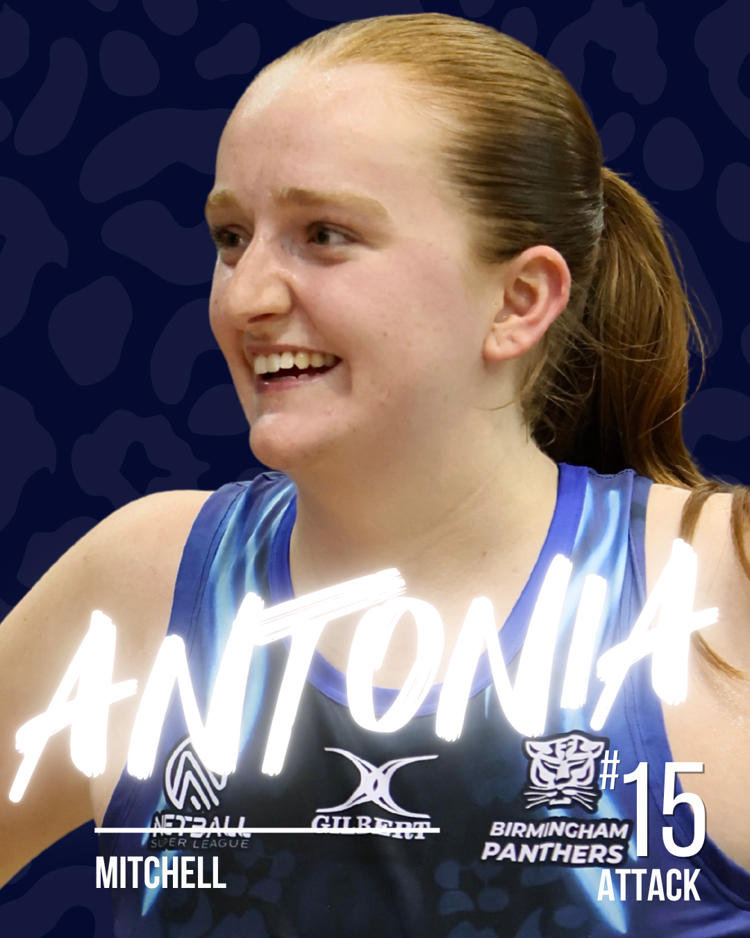 A netball player with the name Antonia in white neon writing, on a dark patterned background.