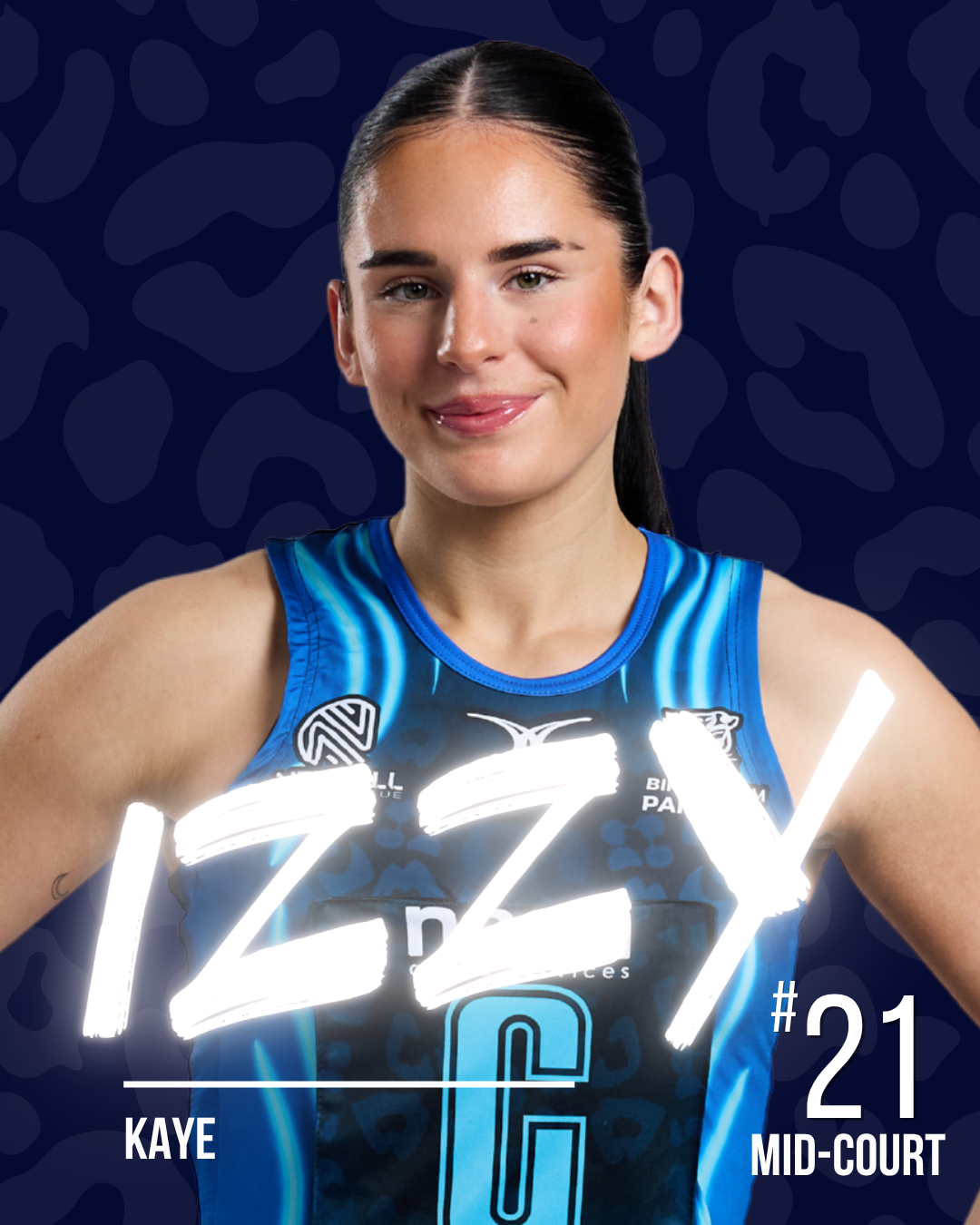 A netball player in a blue and black uniform, smiling at camera, with her name Izzy Kaye, and her position as middle court, number 21.