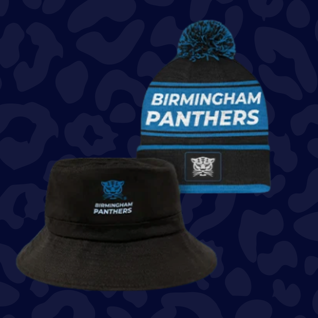 Black Birmingham Panthers pom beanie and bucket hat with blue accents