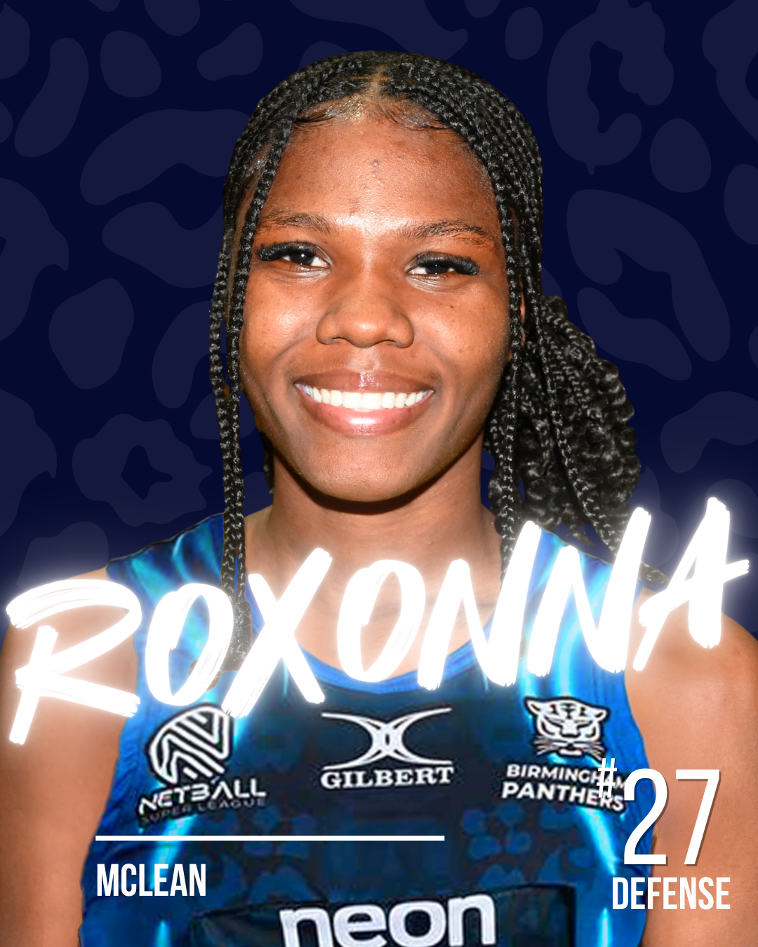 Close-up of a smiling netball player in a blue dress with the name McLean, her number 27, and logos for NSL, Gilbert, and Birmingham Panthers, against a dark blue patterned background.