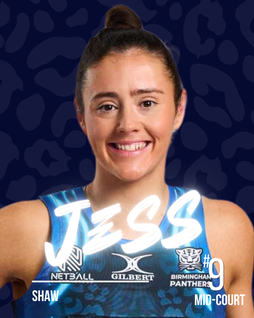 A netball player with the name Jess in white neon writing, on a dark patterned background.