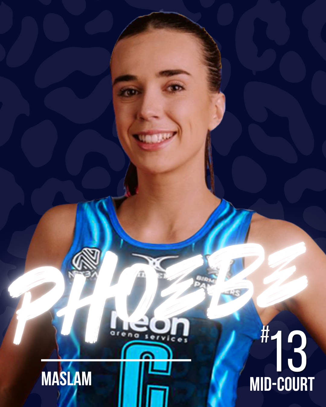 A netball player with the name Phoebe in white neon writing, on a dark patterned background.