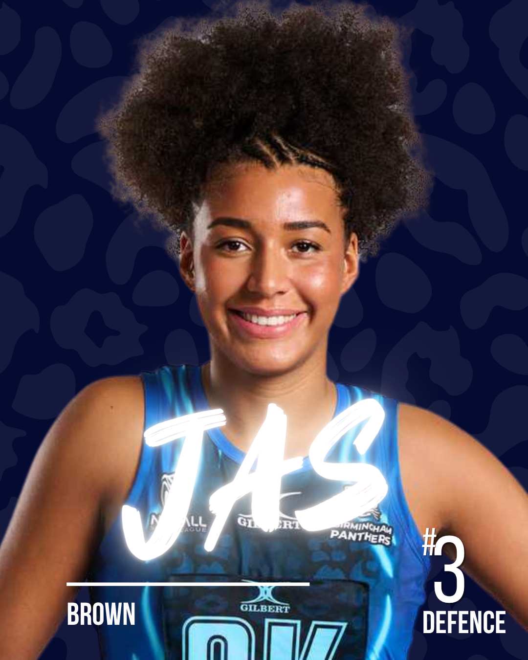 A netball player with the name Jas in white neon writing, on a dark patterned background.