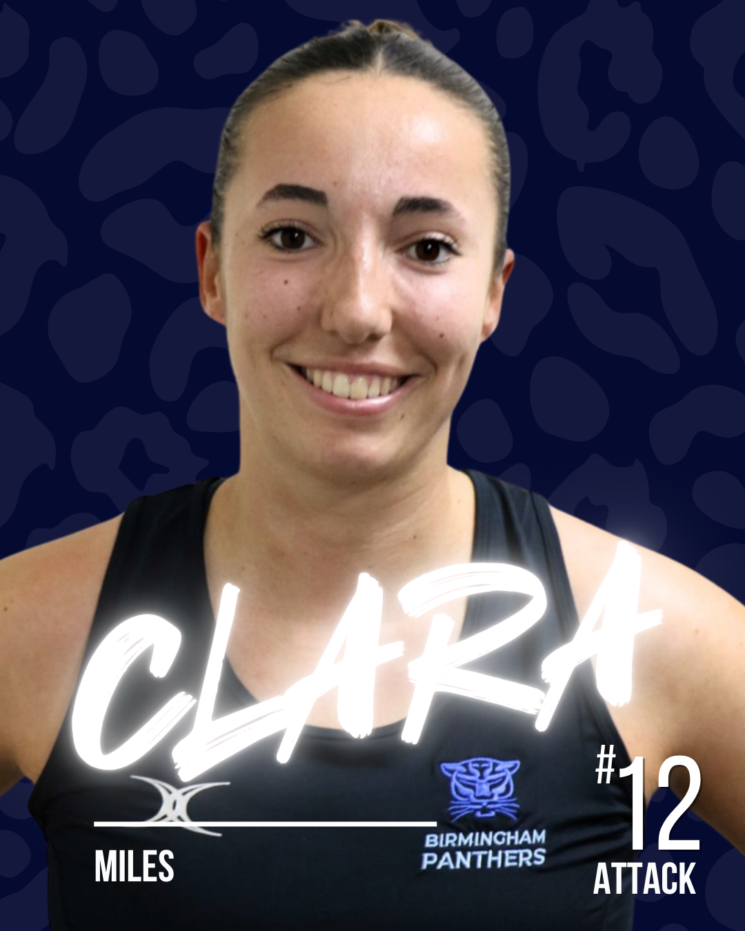 A netball player with the name Clara in white neon writing, on a dark patterned background.