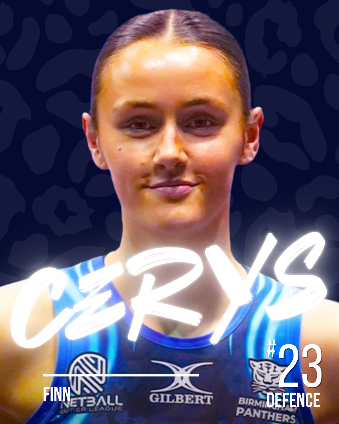 A netball player with the name Cerys in white neon writing, on a dark patterned background.