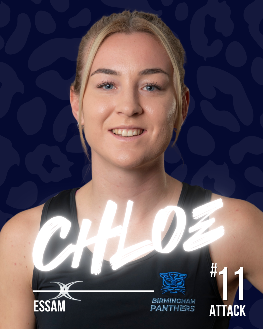 A netball player with the name Chloe in white neon writing, on a dark patterned background.