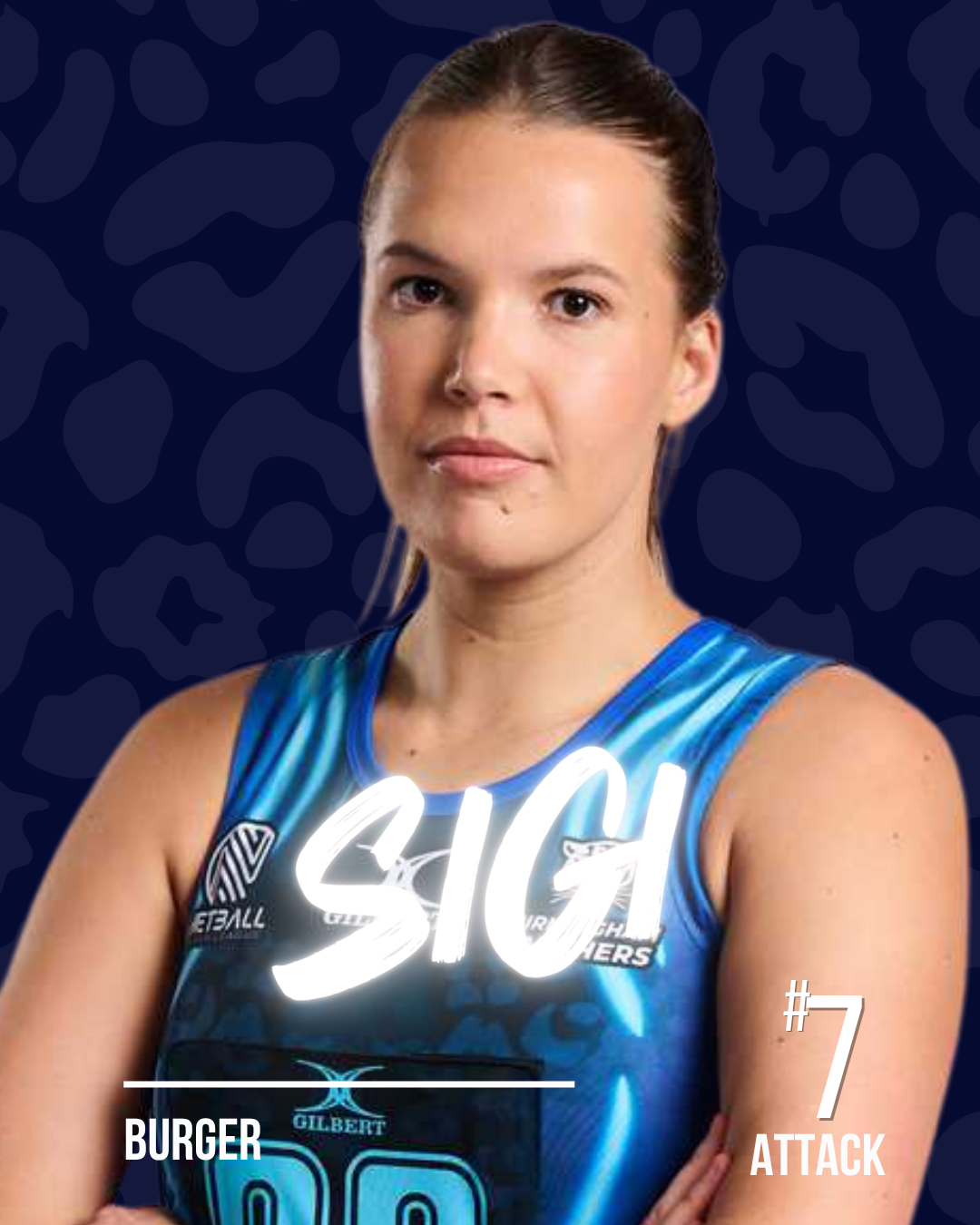 A netball player with the name Sigi in white neon writing, on a dark patterned background.