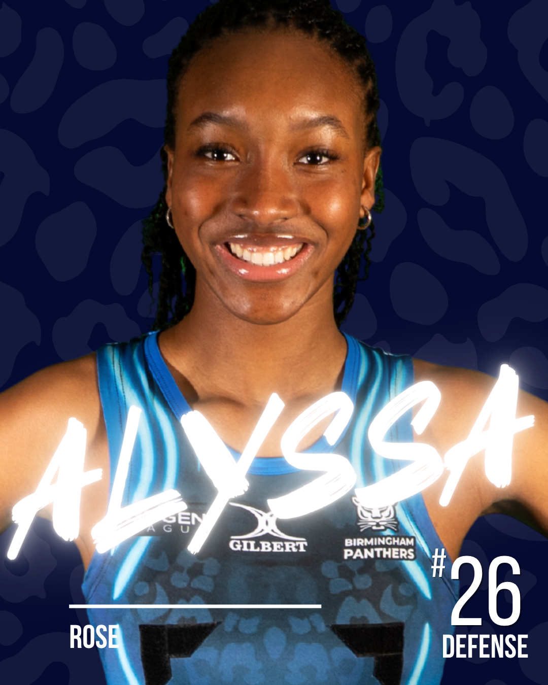 A netball player with the name Alyssa in white neon writing, on a dark patterned background.