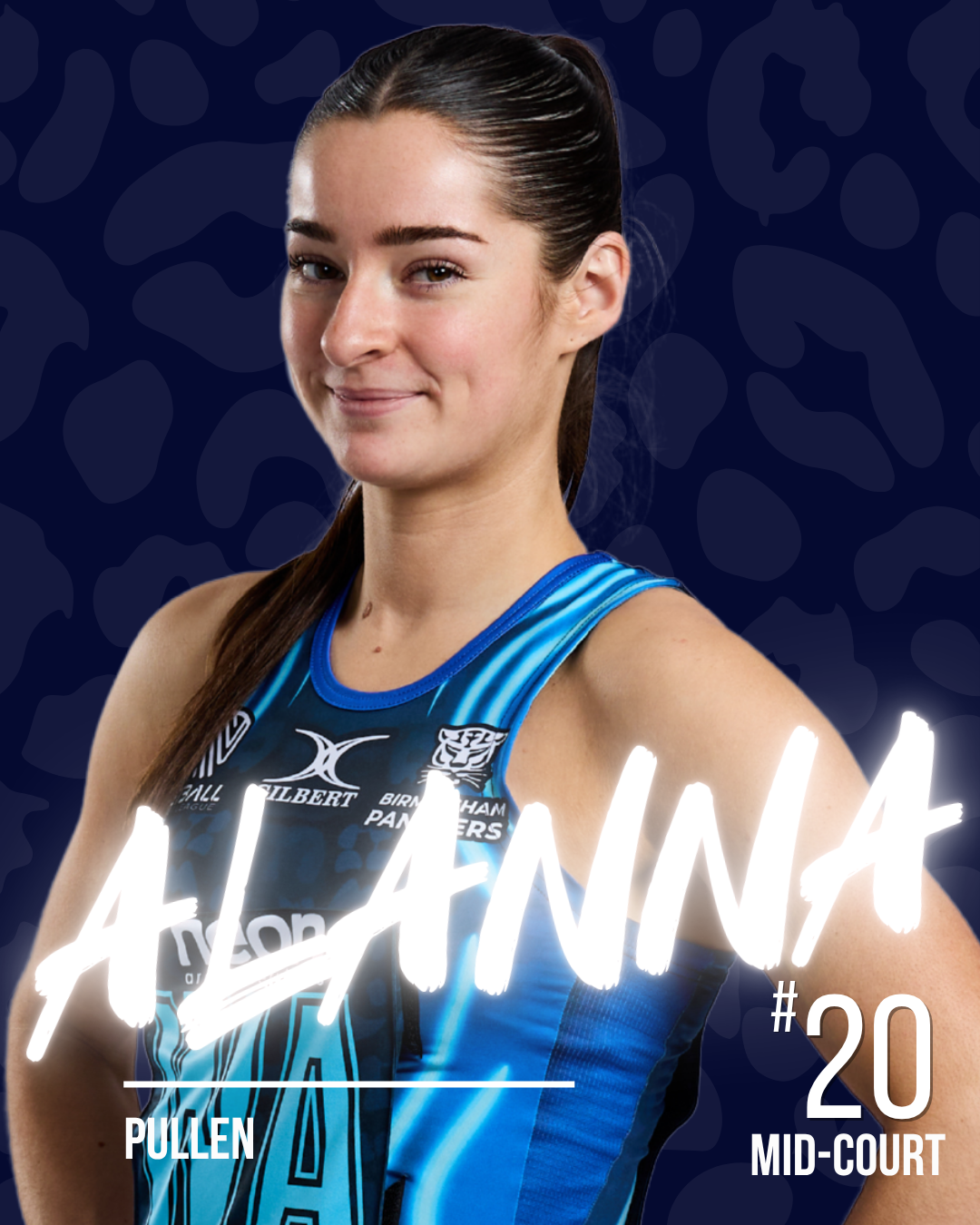 A netball players in a blue sports jersey with sponsor logos, smiling and looking confidently at the camera, against a dark background with an abstract pattern.