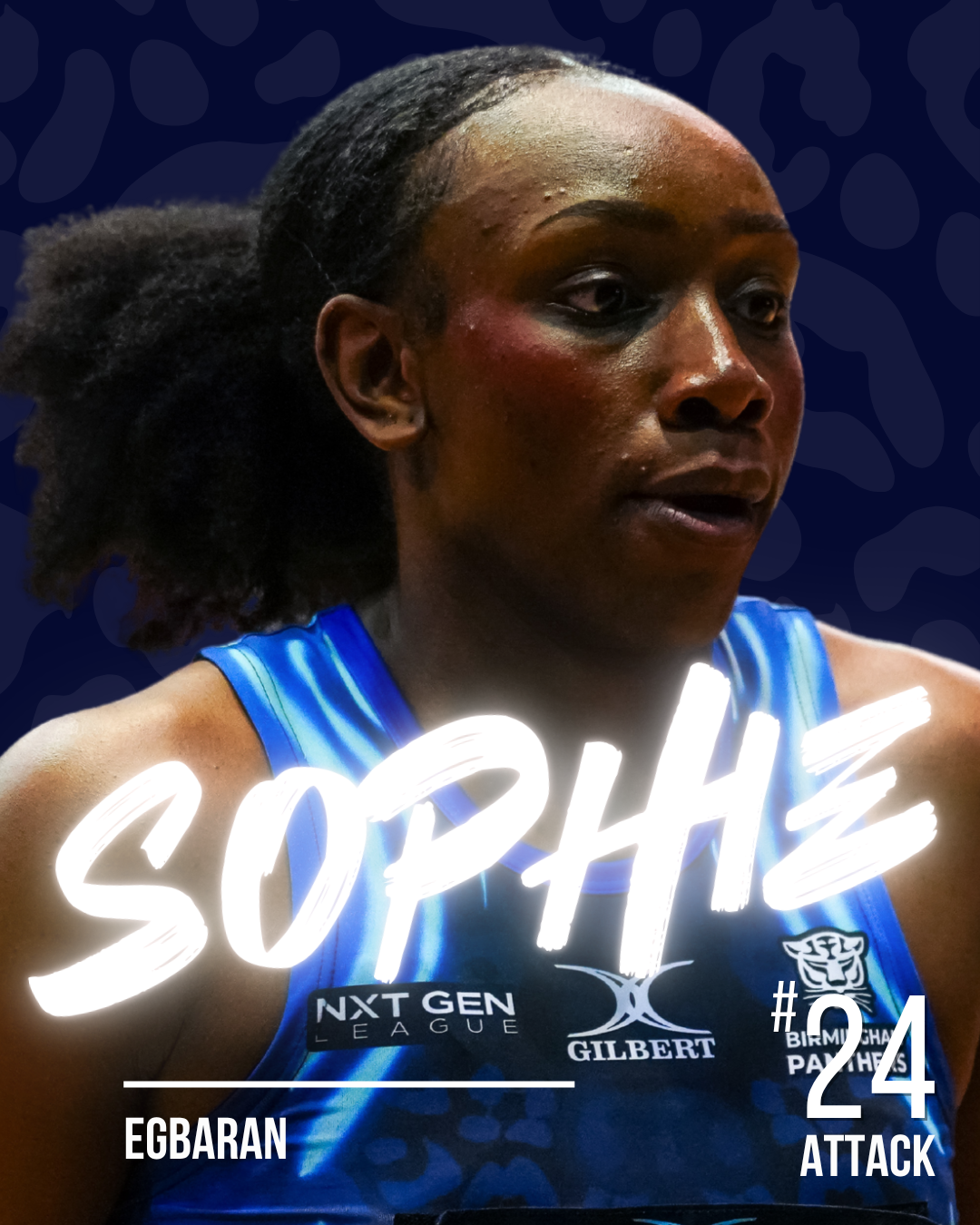 A netball player with the name Sophie in white neon writing, on a dark patterned background.