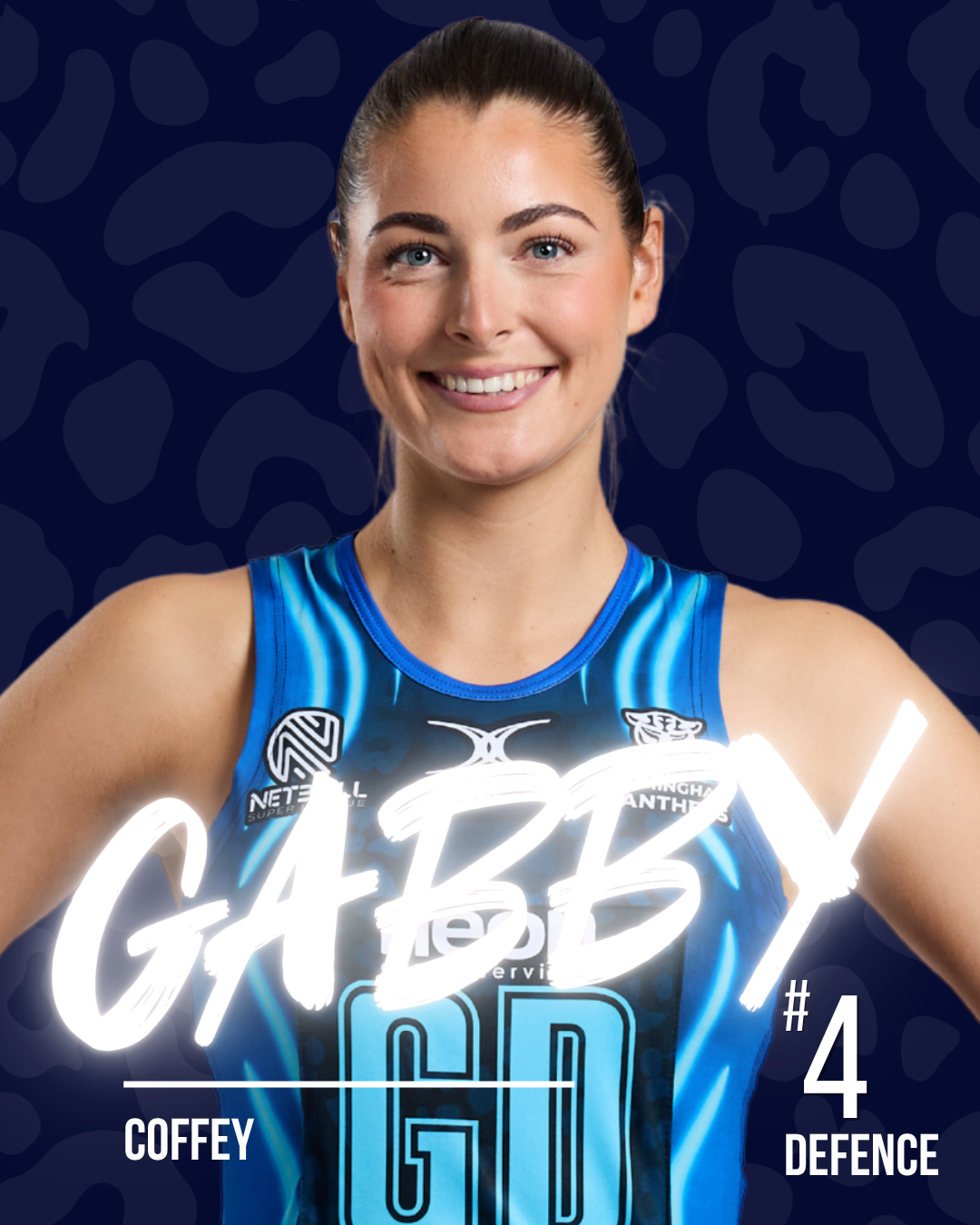 A netball player with the name Gabby in white neon writing, on a dark patterned background.