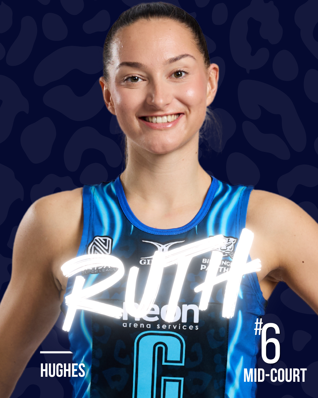 A netball player with the name Ruth in white neon writing, on a dark patterned background.