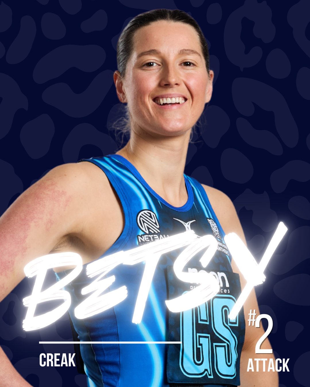 A netball player with the name Betsy in white neon writing, on a dark patterned background.