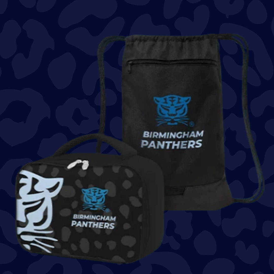 Birmingham Panthers black drawstring backpack and matching leopard-print lunch bag with panther logos