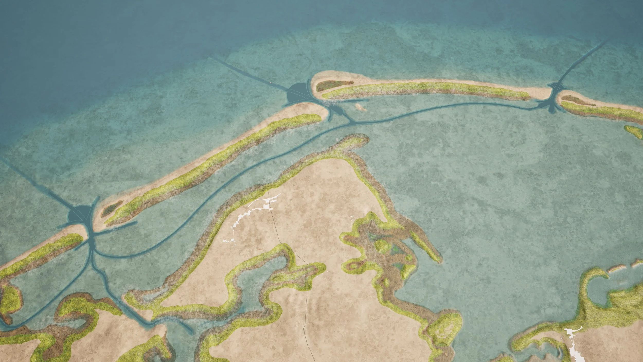 Aerial view of a regenerated valley with multiple water reservoirs, showcasing The Weather Makers' large-scale landscape design and nature-based engineering for water security and climate resilience.