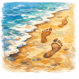 Footprints in the sand, representing practice, progress, and values-based steps forward.
