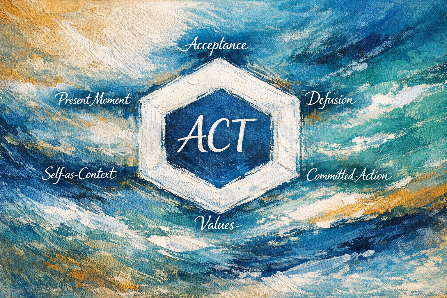 An abstract painting with a blue and gold color scheme, featuring a white hexagon in the center with the word 'ACT' inside it. Surrounding the hexagon are the words 'Acceptance,' 'Present Moment,' 'Self-as-Context,' 'Values,' 'Committed Action,' and 'Defusion.'