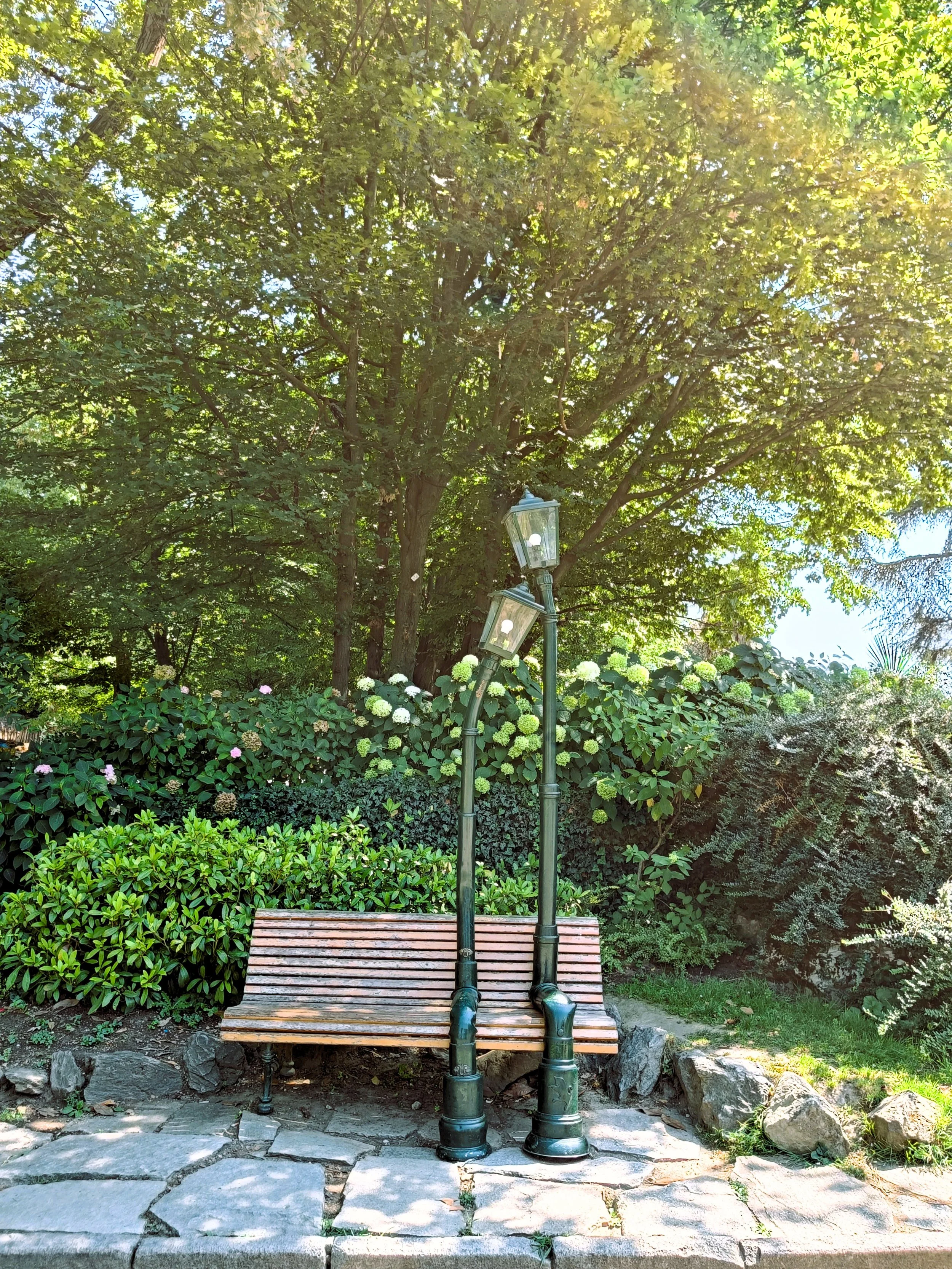 Two park lamps in Lyon resembling a couple sitting together, suggesting closeness and companionship.
