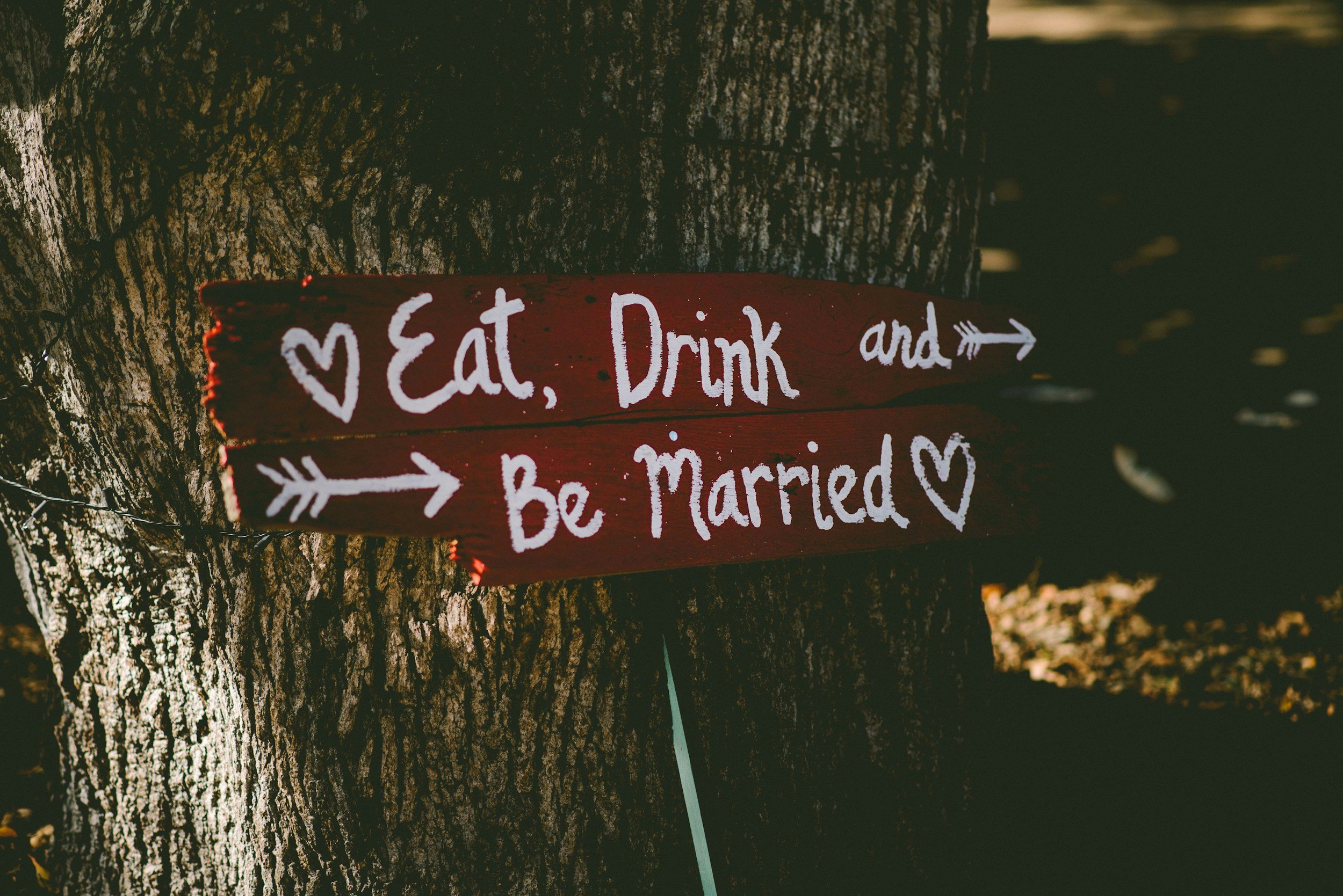 Red wooden sign on a tree with white handwritten text that reads 'Eat, Drink and Be Married' with an arrow pointing to the right, surrounded by natural outdoor scenery.