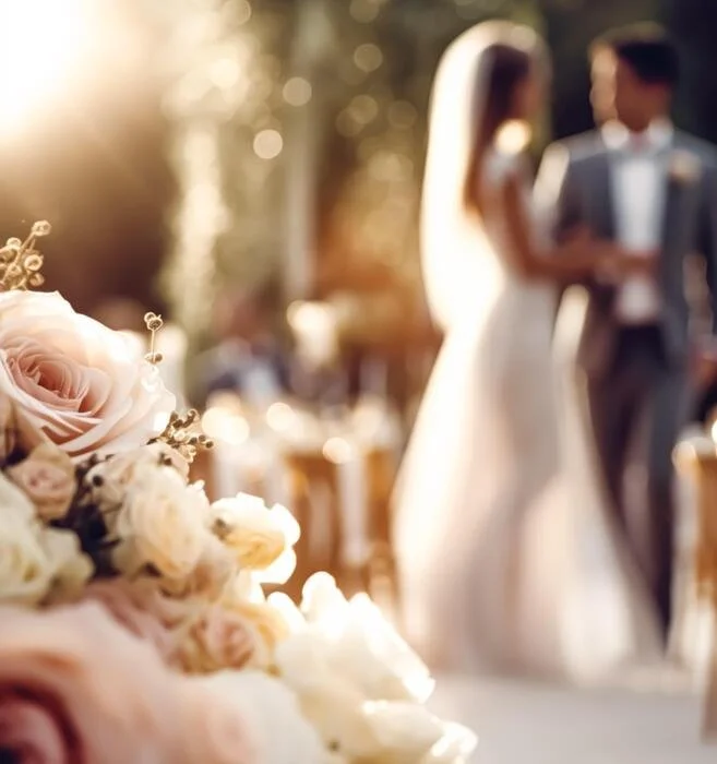 Blurred image of a bride and groom at their wedding ceremony, with a bouquet of roses in the foreground and sunlight filtering through trees.