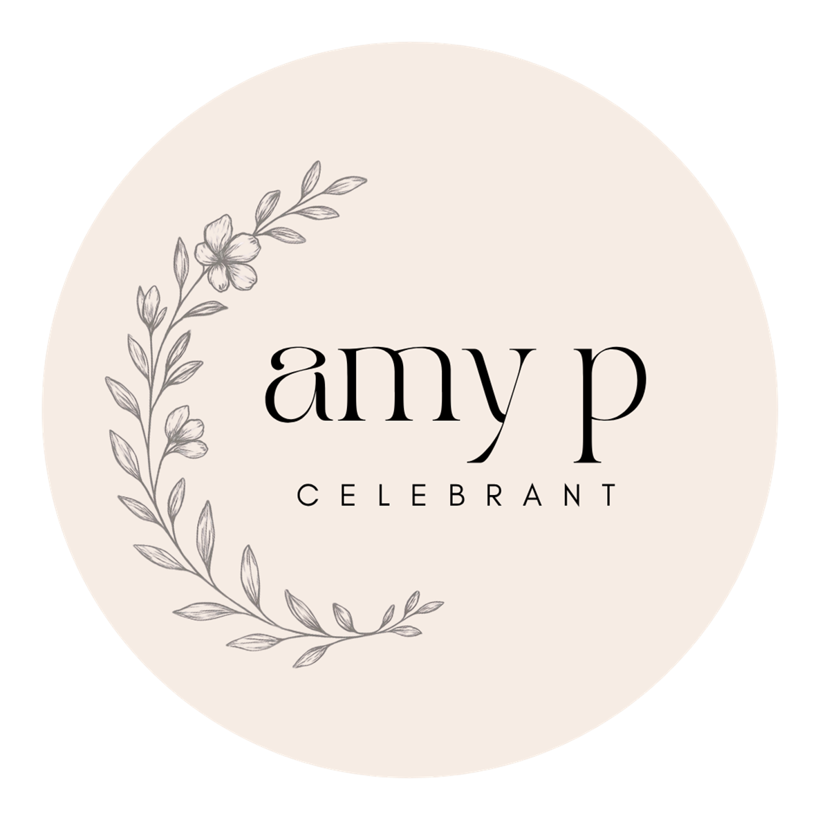 A circular logo with a black background, cream-colored center, black serif text that reads 'amy p CELEBRANT', and a delicate floral illustration on the left side.