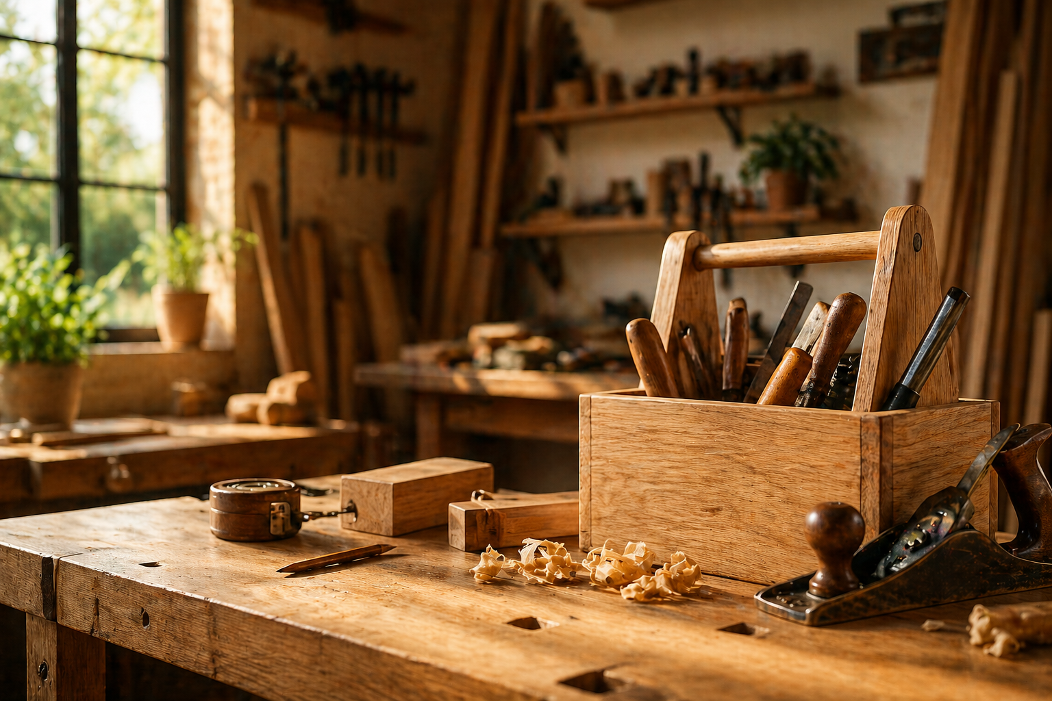 Atelier de menuiserie avec divers outils en bois sur un plan de travail en bois, dans une pièce bien éclairée par la lumière naturelle