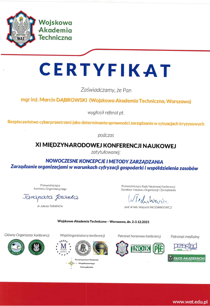 Certificate of participation in an international scientific conference, issued by Wojskowa Akademia Techniczna in Warsaw, Poland, held from December 2 to December 3, 2021, for Marcin Dąbrowski, on cybersecurity and crisis management methods.