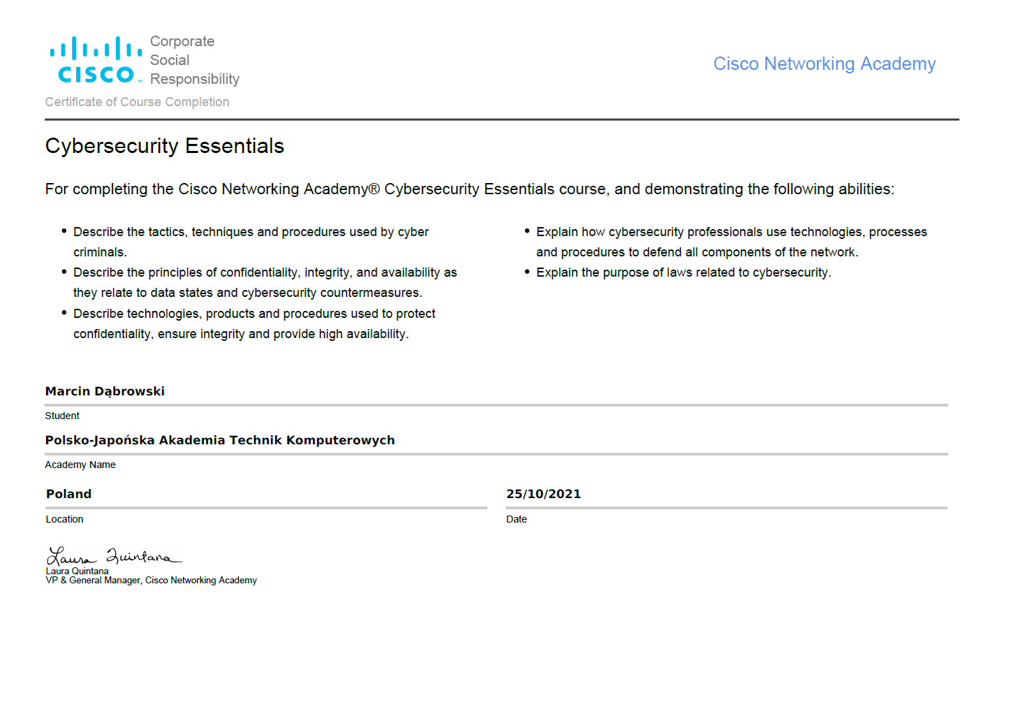Certificate of course completion for Cisco Networking Academy Cybersecurity Essentials, issued to Marcin Dąbrowski from Polsko-Japońska Akademia Technik Komputerowych, dated 25/10/2021, signed by Laura Quintana.