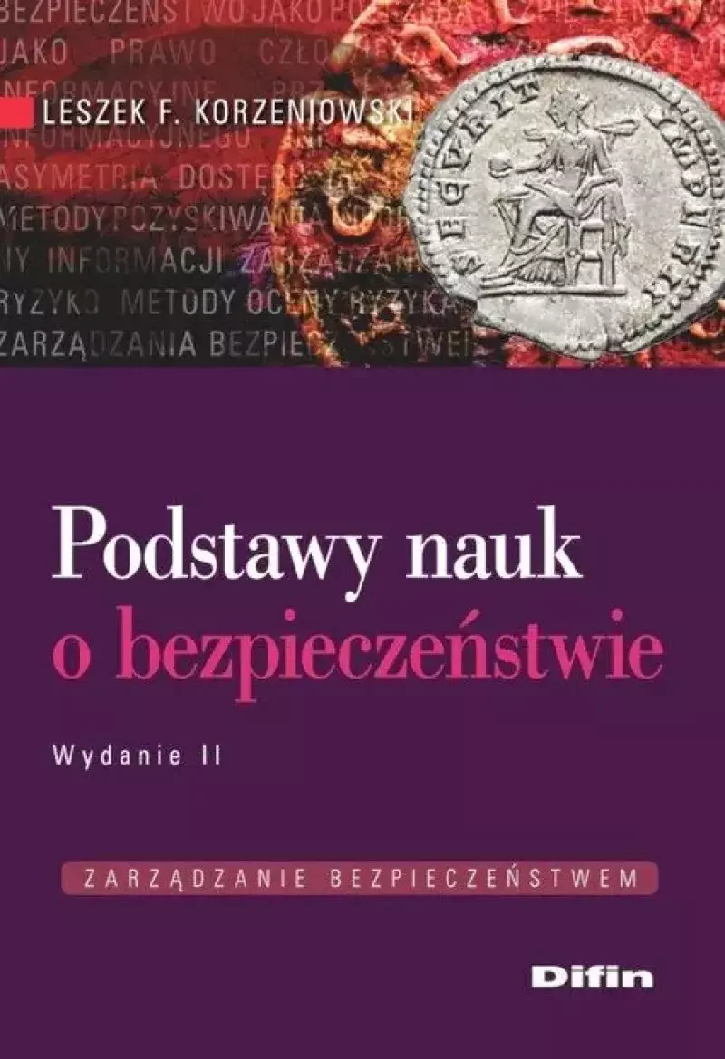 Cover of a book titled 'Podstawy nauk o bezpieczeństwie' by Leszek F. Korzeniowski, with a purple background, showing an ancient coin and red rocks at the top.